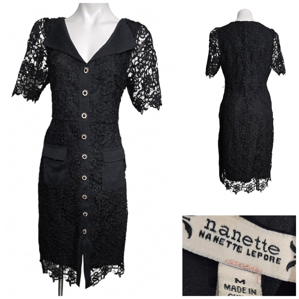 Nanette Lepore Dress M Black crochet Button Sheath fall Audrey Hepburn style